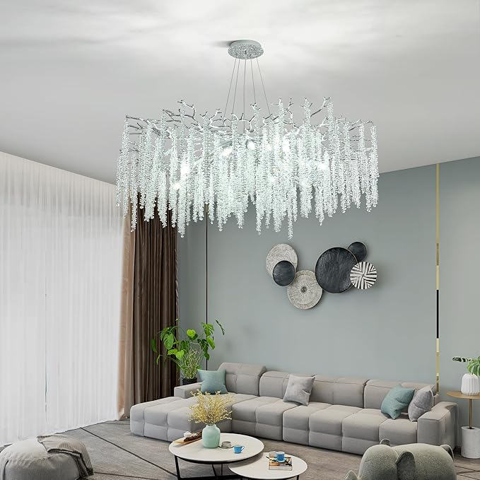 Modern Tree Branch Chandeliers Chrome D39.4'', Crystal Raindrop Chandelier for Living Room, Round Art Deco Lighting Fixture for for Dining Room Foyer Bedroom 15 Lights