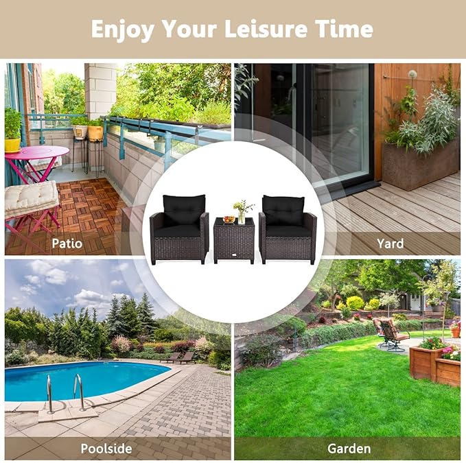 AUGESTER 3 PCS Patio Furniture Set, Outdoor PE Rattan Wicker Conversation Sofa Set w/Washable Cushion and Tempered Glass Tabletop, All Weather Chat Sofa for Garden Poolside Balcony Porch (Black)
