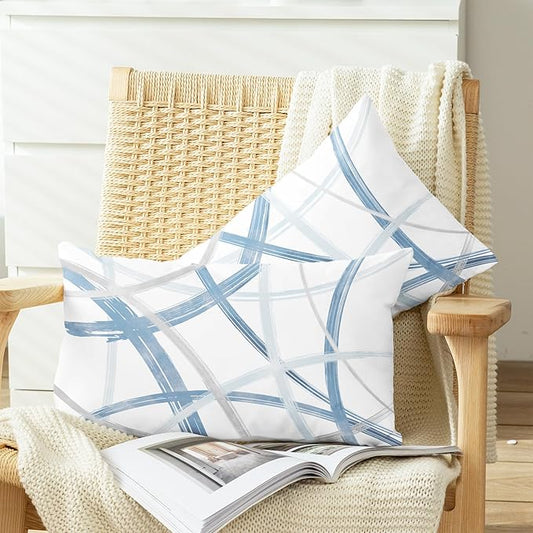 CaliTime Throw Pillow Cases Pack of 2 Cozy Fleece Arc-Shaped Abstract Geometric Lines Decorative Cushion Covers for Couch Bed Sofa Farmhouse Decoration 12 X 20 Inches Light Blue Grey