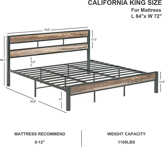 LIKIMIO California King Bed Frame wtih Headboard, Easy Assembly, Noise-Free, No Box Spring Needed, Heavy Strong Metal Support Frames, Rustic Brown