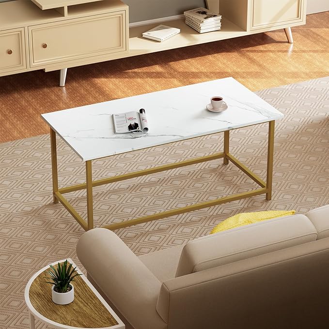 SAYGOER White Faux Marble Coffee Table Simple Modern Rectangular Coffee Tables Open Design Minimalist Center Table for Living Room Office, 39.37 x 19.69 x 17.72, White Gold