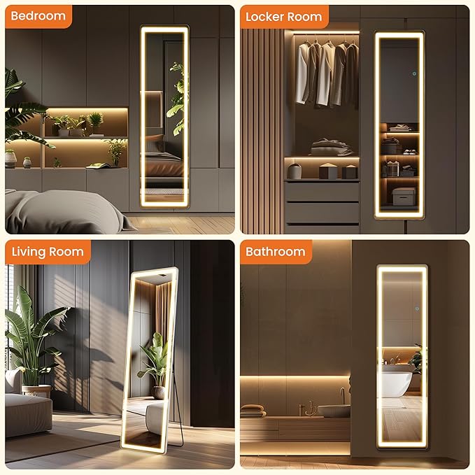 Alpen Full Length Mirror with LED Lights, 60"x16"Floor Mirror with Dimming & 3 Color Lighting, Free Standing Floor Mirrors, Lighted Full Body Mirrors for Bedroom, Dressing Room, Cloakroom