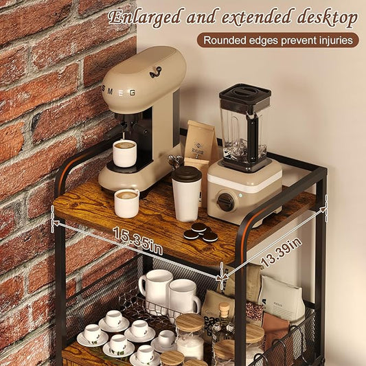 Small Coffee Bar Cabinet with Storage, 3-Tier Rolling Coffee Bar Table, Farmhouse Coffee Cart Station with 2 Doors for Living Room, Dining Room, Rustic Brown