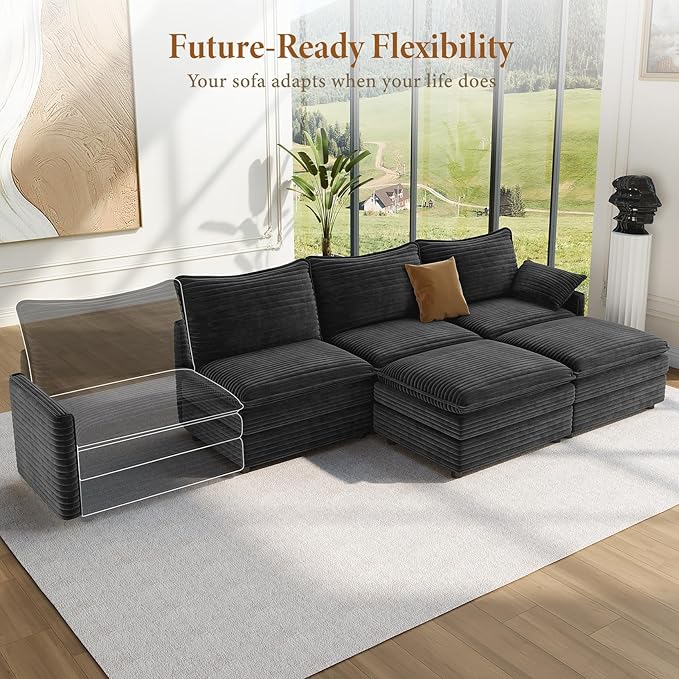 Vesgantti 108" U Shaped Sectional Couch, Comfy Cloud Modular Sectional Sofa with 2 Ottoman Deep Seat Corduroy Modern Cloud Sofa, Modular Sofas for Living Room, Bedroom and Apartment, Gray | Sink-in Comfort, Height Adjustable, Easy Rearrangement, Extra-...