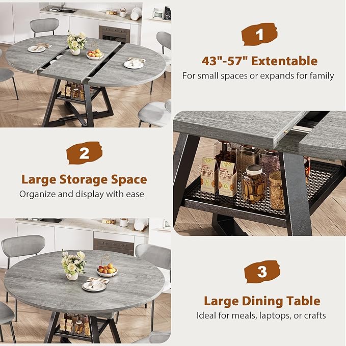 Round Dining Table Kitchen Dining Room Dinner Table for 4-6, Space Saving Extendable Oval Circle Furniture with Pedestal Base and Storage Shelf for Kitchen Living Room (Grey, for 4-6)