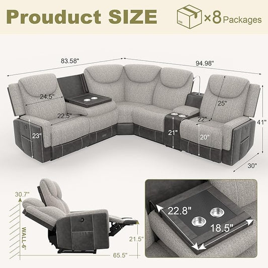Dresegmt Home Theater Seating, Manual Recliner Sectional Sofa for Living Room, 5 Seater Reclining Sectional Couch with Flip-Up Backrest, Storage Console, USB Ports, Grey Linen & Chocolate Leather