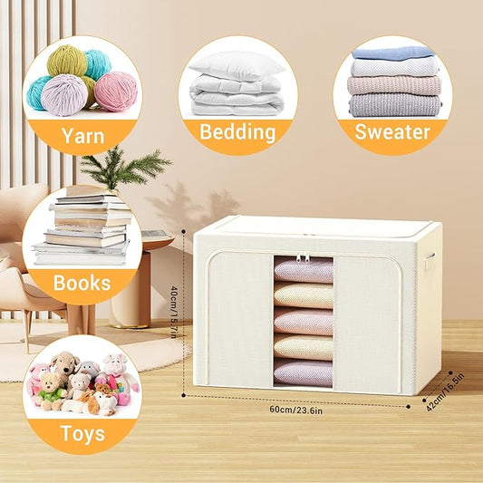 Clothes Storage Bins with Metal Frame, Foldable Clothes Organizers Storage Containers for Clothes, Sheets, Blankets, Pillows and Towels (100L, 3 Pack) Beige