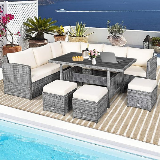 HAPPYGRILL 7 Pieces Rattan Wicker Patio Conversation Set, Outdoor Patio Furniture Set with Cushions, Rattan Sofa Set with Dining Table & Ottomans for Poolside Backyard Balcony Garden (Beige)