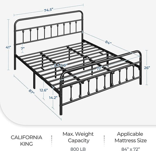 Yaheetech Classic Metal Platform Bed Frame Mattress Foundation with Victorian Style Iron-Art Headboard/Footboard/Under Bed Storage/No Box Spring Needed/California King Size Black