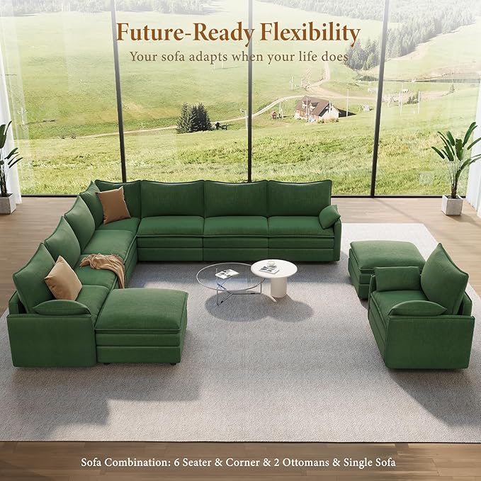 Vesgantti Large Modular Sectional Sofa, Big Comfy Cloud Couch with Ottoman Deep Seat Chenille Cloud Sofa, 9 Seater Large Sectional Couches for Living Room, Bedroom and Apartment, Green | Sink-in Comfort, Height Adjustable, Easy Rearrangement, Extra-dee...