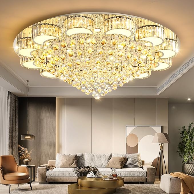 47'' Silver Modern Crystal Chandeliers for Dining Room LED Dimmable Light Fixtures Flush Mount Light Living Room Bedrooms