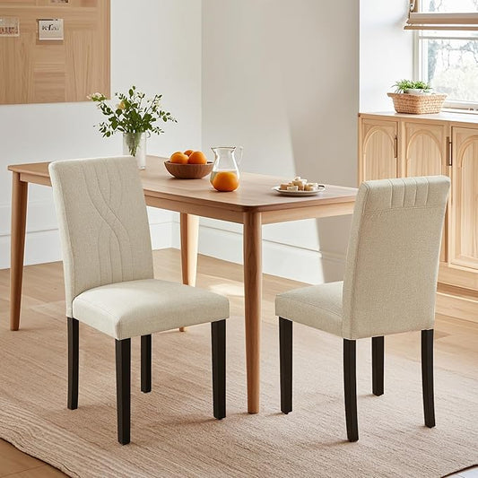 VECELO Upholstered Dining Chairs Set of 4, Modern Fabric and Solid Wood Legs & High Back for Kitchen/Living Room- Beige