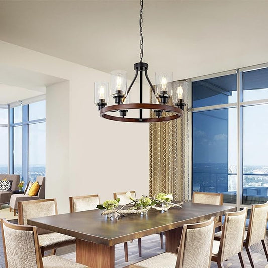 6-Light Farmhose Chandelier for Dining Room Light Fixture Faux Wood Kitchen Pendant Light Round Rustic Ceiling Hanging Lighting with Glass Globes Adjustable Height Metal E26