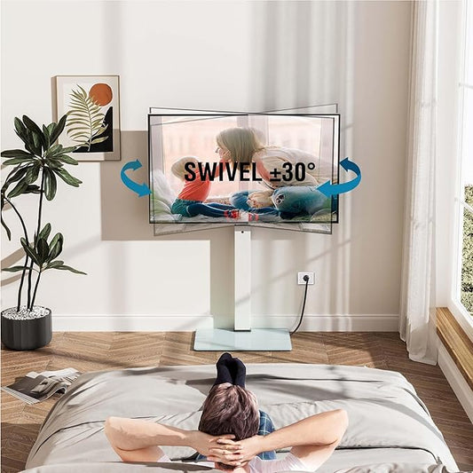 FITUEYES Floor TV Stand for 32-75 inch TV with Power Outlet, Tall TV Stand for Bedroom Living Room with Tempered Glass Base, Floor TV Mount Holds Up to 88lbs MAX VESA 600x400mm,Black