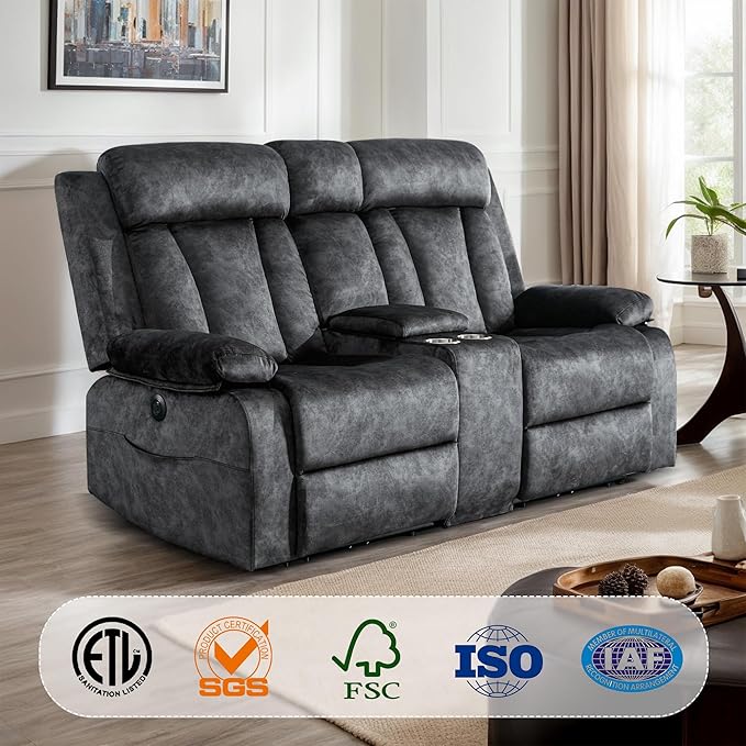 Power Reclining Loveseat with Heat & Massage, Dual Recliner Sofa with Console, Cup Holders, USB & Type-C Ports, 2 Seater Electric Reclining Couch for Living Room, RV (Grey, 2 Seat)