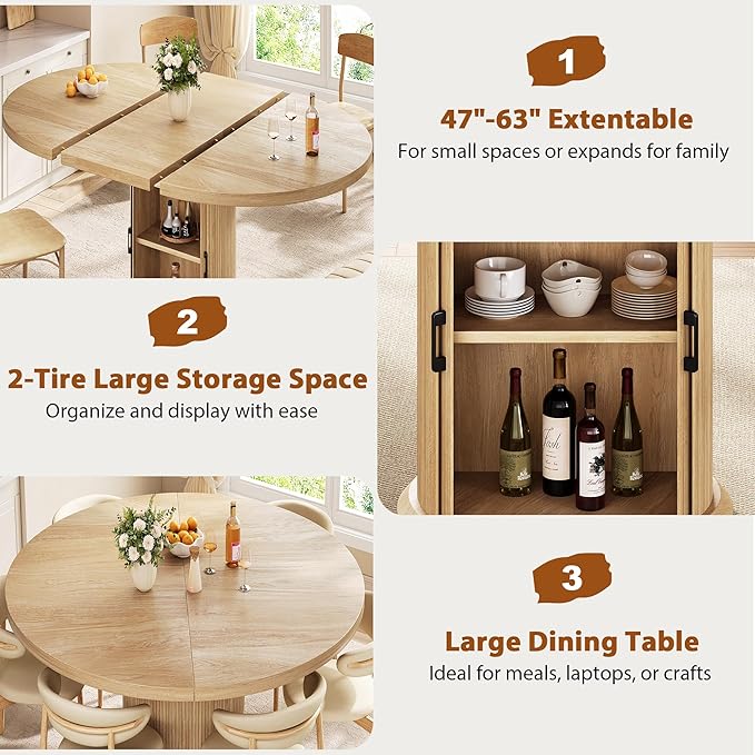 47β³β63β³ Extendable Round Dining Table for 4β8 with Dust-Proof 2-Tier Storage Shelf Space-Saving Expandable Dining Room Table Wood Oval Circle Dining Table with Pedestal Base (Natural)