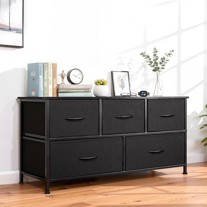SHAWKEN Fabric Dresser with One-Piece Steel Frame,5 Drawer Dresser for Closet Organizer,Bedroom,Living Room,Hallway & Dorm Room(Black)