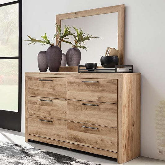 Signature Design by Ashley Hyanna Rustic Smooth-Gliding 6-Drawer Dresser and Mirror with Safety Stop, Light Brown