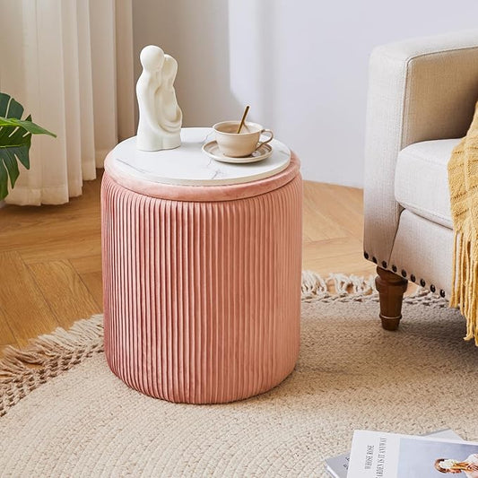 IBUYKE Round Ottoman with Storage Set of 2 Boucle Ottoman End Table for Living Room Vanity Stool Velvet Footrest Stool Bar Stool Pink UWBD005P