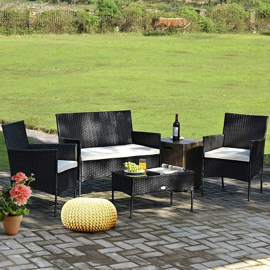 Tangkula 4 Piece Patio Furniture Set, Outdoor Wicker Conversation Set with Tempered Glass Coffee Table, Rattan Loveseat & Chairs Set with Seat Cushions for Backyard, Garden, Poolside (1, Beige)