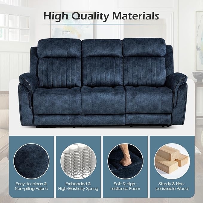 Zero Gravity Power Reclining Sofa with Adjustable Headrest, Electric Reclining Couch with Wireless Charge, Recliner Sofa 3 Seater with Drop Down Table,Cup Holder,USB Ports (Blue)