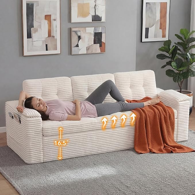 83" Boneless Couch, 3-Seater Cloud Corduroy Sofa in a Box with Deep Tufted Cushions, Zero Assembly, Removable Washable Cover, Family-Friendly Living Room Couch, Beige