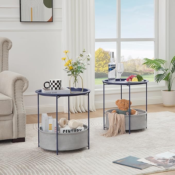 VECELO Round Side/End Table with Fabric Storage Basket,Metal Anti-Rust and Waterproof Small Bedside Nightstand with Removable Tray Top for Living Room,Balcony & Laundry,Blue /1pcs with Basket