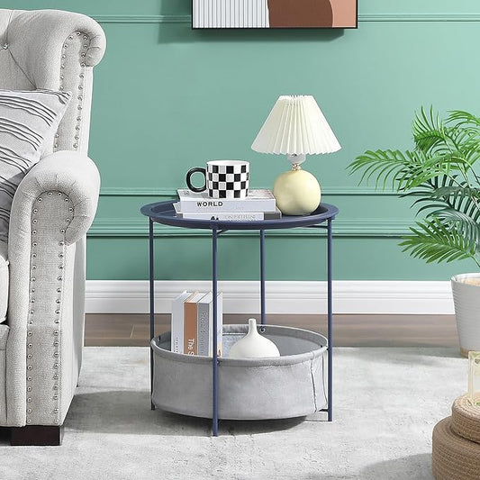 VECELO Round Side/End Table with Fabric Storage Basket,Metal Anti-Rust and Waterproof Small Bedside Nightstand with Removable Tray Top for Living Room,Balcony & Laundry,Blue /1pcs with Basket