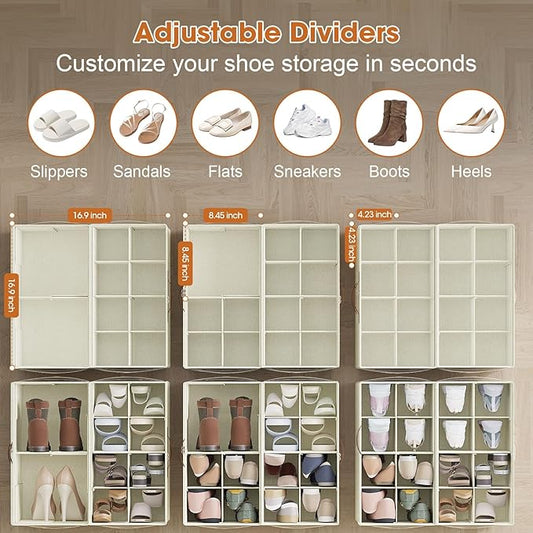2 Pack Shoe Organizer for Closet,Foldable Shoe Storage Organizer with Adjustable Dividers, Shoe Storage Box with Clear Cover, Fits up to 16 Pairs, Beige
