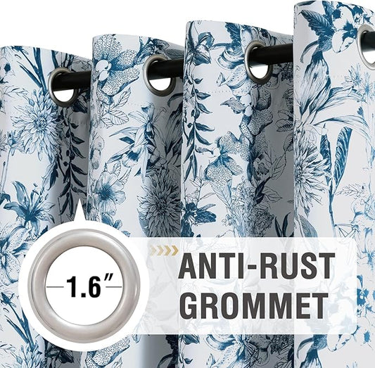 H.VERSAILTEX Blackout Curtains 96 Inch Length 2 Panels Set Floral Print Curtain Drapes for Living Room Thermal Insulated Grommet Window Curtains for Bedroom - French Jouy Flora in Stone Blue