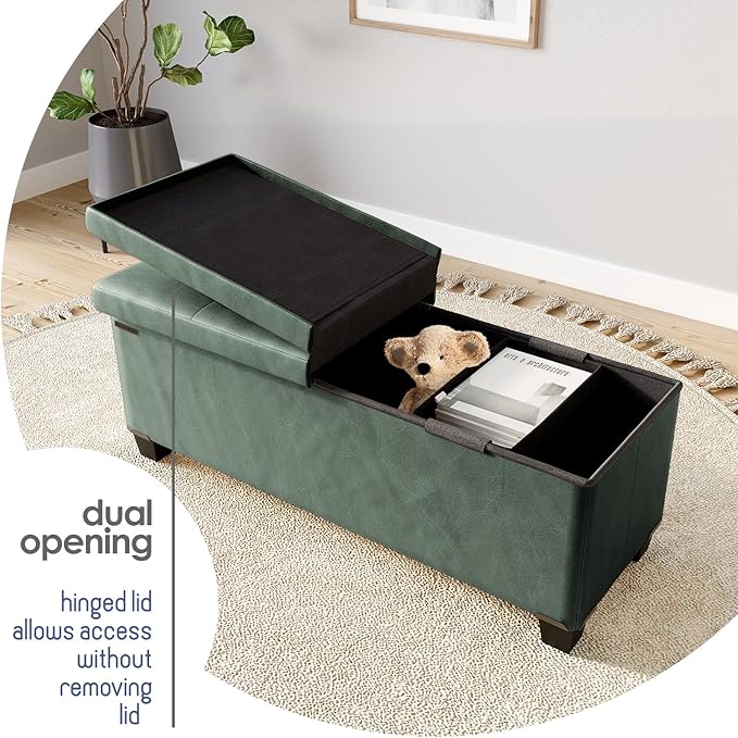 Storage Ottoman Bench with Bins, 43-in Storage Bench for Bedroom End of Bed, Folding Foot Rest Ottoman for Living Room Max 660lbs, Leather Ottomans, Green