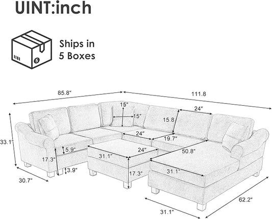 ERYE 112-Inch U-Shaped Sectional Sofa with Movable Storage Ottoman, Oversized Chenille Upholstered Corner Modular Sofa Couch W/Right Facing Chaise Lounge and 3 Toss Pillows
