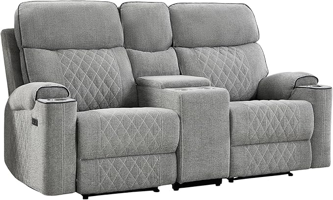 EBELLO Power Reclining Sofa Couch, Fabric Electric Recliner Loveseat Sofa with Cup Holders, USB Type-C Charging Ports and Storage Space, 2 Seats for Small Living Room, Bedroom and Meeting Room, Grey