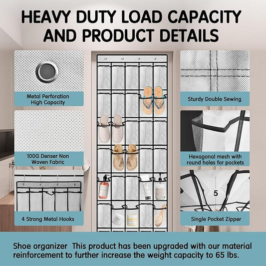 35 Compartment Over The Door Storage - Breathable Mesh Hanging Organizer with Large Pockets, Space Saving Design for Men & Women's Footwear, Closet, Bedroom (White)