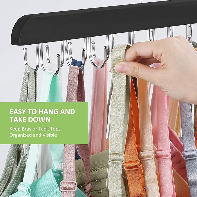 Bra Hanger for Closet, Tank Top Hanger 20 Hooks Capacity Sturdy Wood Space Saving Hanger Sport Bras Holder, Closet Organizers and Storage, Black 1 Pack
