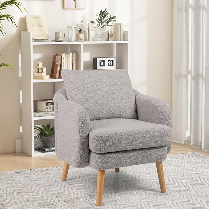 Giantex Sherpa Accent Chair Set of 2, Modern Upholstered Single Sofa Chair with Back Pillow & Solid Rubber Wood Legs, Teddy Barrel Arm Chair for Reading, Living Room, Bedroom, Office, Grey