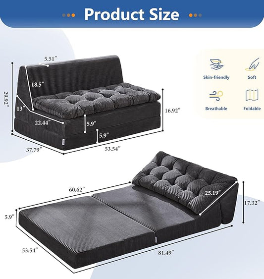 Hobestluk Sofa Couch Folding Sofa Bed Sleeper Comfy Floor Lounger Loveseat Sofa with Removable Cushion Couches Foldable Mattress for Living Room Bedroom or Office (Cordury Grey, Oversize)