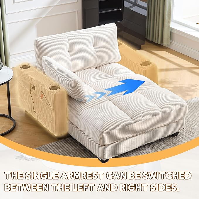 Oversized Lounge Chaise Convertible Sleeper Sofabed, Corduroy Sleeper Daybed Indoor Recliner Chair Sofa Bed with Cupholders and Adjustable Headrests for Living Room Bedroom Reading Home Apartment