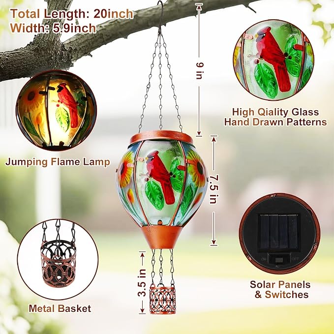 Solar Hot Air Balloon Lantern with Flame, Cardinal Glass Solar Hanging Lights Outdoor Yard Patio Farmhouse Decoration, Cardinal Gifts for Women Grandma Mom - Cardinal