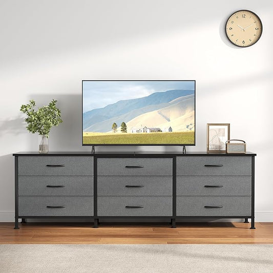 DUMOS TV Stands for Living Room Furniture with 9 Fabric Drawers, Long Entertainment Center Up to 75 Inch TV, Media Console Table with Storage for Bedroom, Adjustable Feet, Grey.