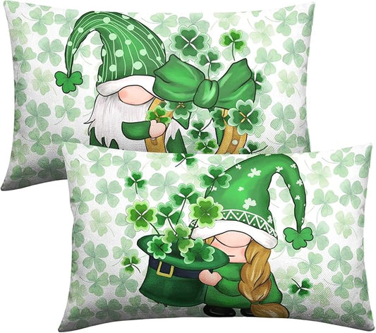 St Patricks Day Gnomes Lumbar Pillow Covers 12x20 Set of 2 Green Lucky Shamrock Decorative Pillow Cover St. Patrick's Clovers Bow Hat Cushion Cases Spring Rustic Outdoor Pillowcase for Couch Sofa
