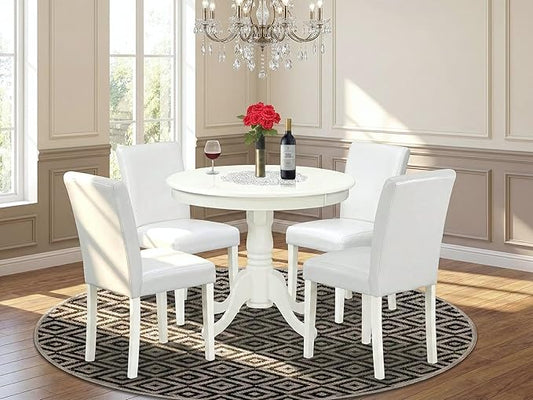 East West Furniture ANAB5-LWH-64 5 Piece Dining Room Table Set Includes a Round Kitchen Table with Pedestal and 4 White Faux Leather Upholstered Parson Chairs, 36x36 Inch, Linen White
