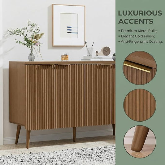 FONTOI 47.2" Wood Fluted Buffet Cabinet with 4 Doors & Storage - Multifunctional Kitchen Sideboard Credenza for Living Room & Entryway, Walnut