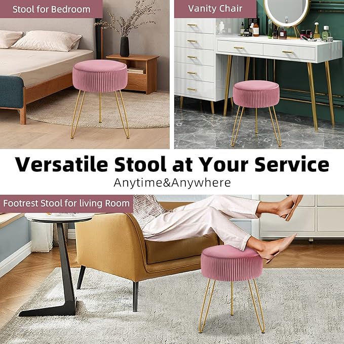 GERANT Multi-Functional Velvet Round Ottoman Footrest with Metal Legs - Modern Offices & Makeup Room Stool, Light Pink