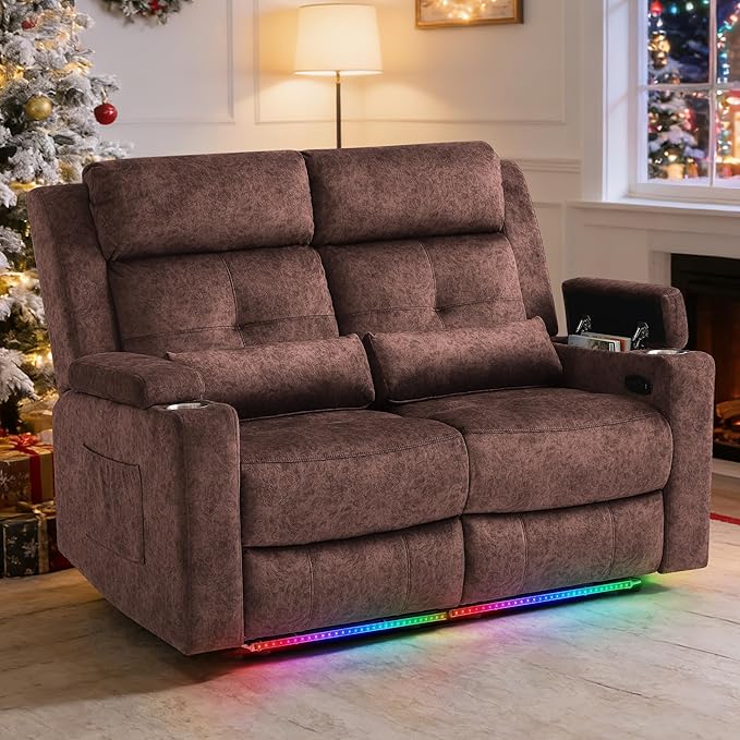 Power Reclining Loveseat with LED Lights/Arm Storage, Wall Hugger Loveseat Recliner with USB Ports, 2 Cushions, Power Loveseat Sofa for Living Room, Home, RV Camper(Brown, 2 Seat)