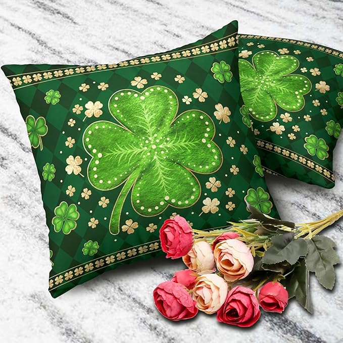 St Patricks Day Shamrock Throw Pillow Covers 22x22 Set of 2 Green Buffalo Plaid Check Lucky Clovers Outdoor Decorative Pillow Covers Spring Rustic Pillow Cases for Farmhouse Living Room Decor