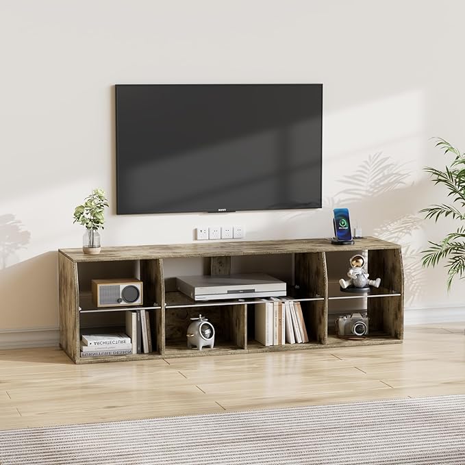 VECELO LED TV Stand for 55 inch, Entertainment Center with Power Outlets, Industrial Television Cabinet with 7 Open Storage Shelves, for Living Room and Bedroom, Light Brown, 55inch