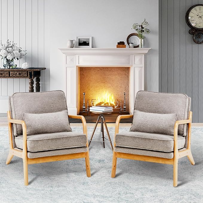Modern Accent Chair with Lumbar Pillow, Relaxing Mid Century Chair Armchair with Solid Wood Frame & Soft Cushion, Reading Leisure Armchair for Living Room, Grey
