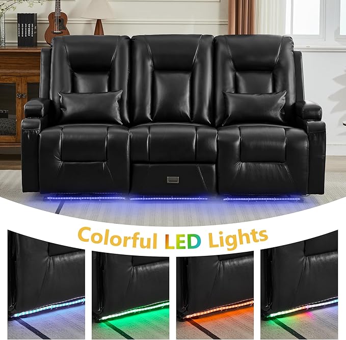 URRED Power Loveseat Recliner Sofa with Console, Wall Hugger Reclining Loveseat RV Couch with LED Light, 150° Zero Gravity Recliners Modular Couches for Living Room (Glossy Black, 77.3'' - 3 Seats)
