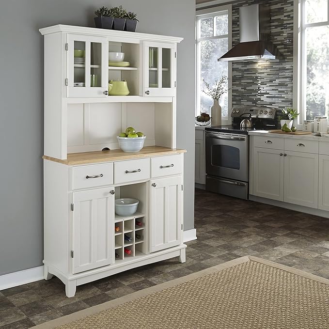 Homestyles Buffet of Buffets Off-White Server with Hutch and Natural Wood Top